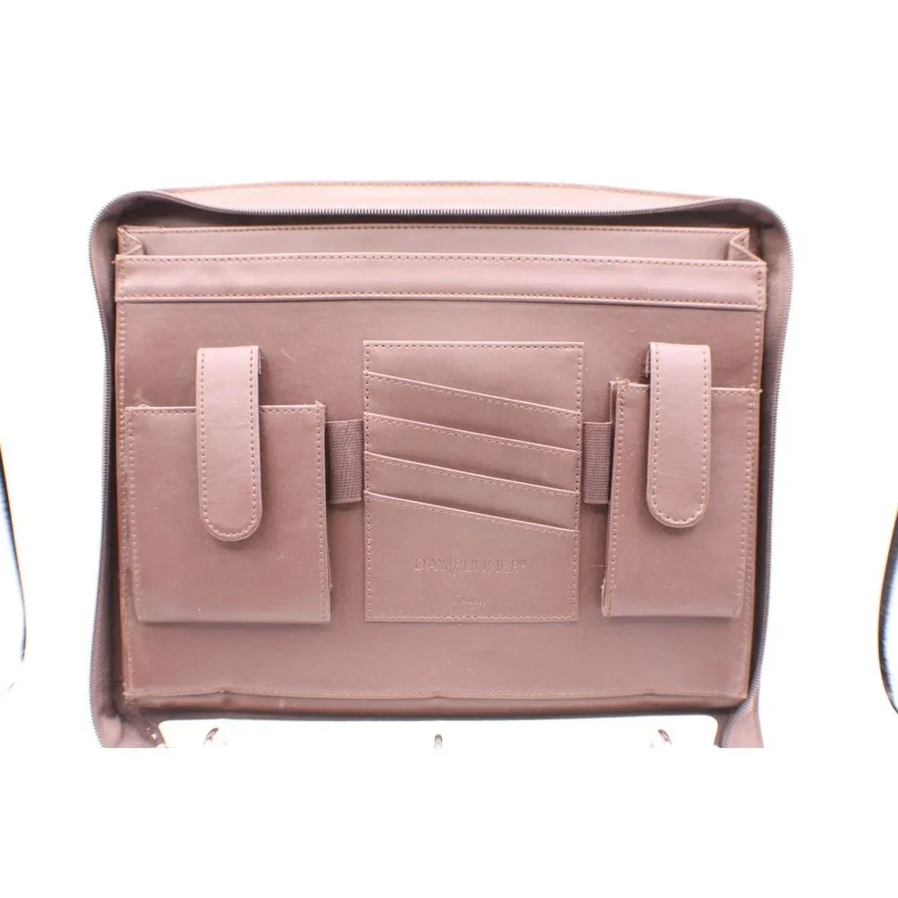 Day Runner Briefcase Planner Organizer Leather Canvas Zipper Handle Brown Green - Picture 6 of 14